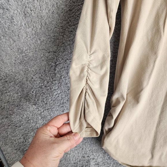 PLANET BY LAUREN G WOMENS TOP SIZE 1 (4/8) SAND COTTON LYCRA LONG SLEEVE RUCHE - Picture 5 of 10